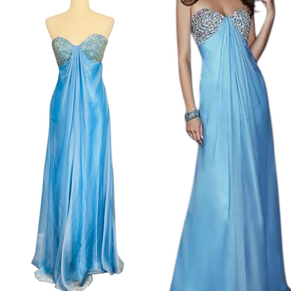 La femme Strapless Chiffon Embellished Gown Formal Dress Icy Blue Aqua Size 0